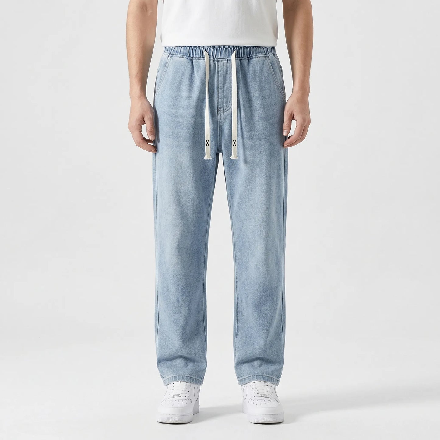 Driftway - Loose Straight Leg Drawstring Jeans  Everyday Casual Wear