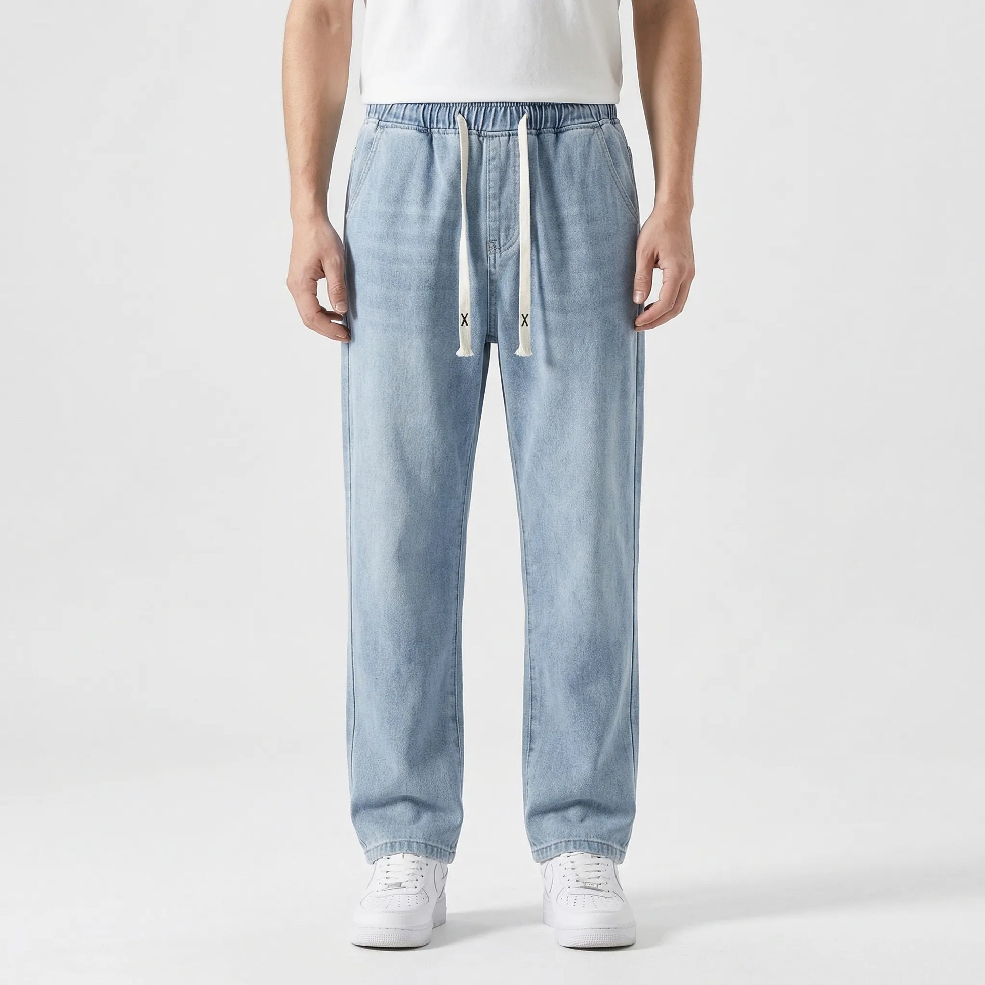 Driftway - Loose Straight Leg Drawstring Jeans  Everyday Casual Wear
