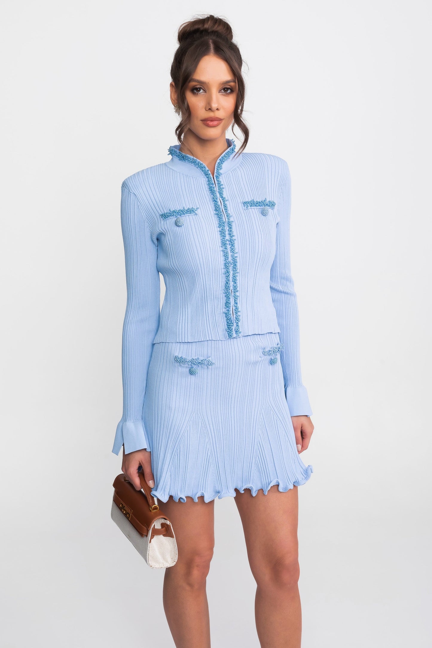 Ribbed Knit Set | Women | Beaded Embellished | Blue | Steven & Levon
