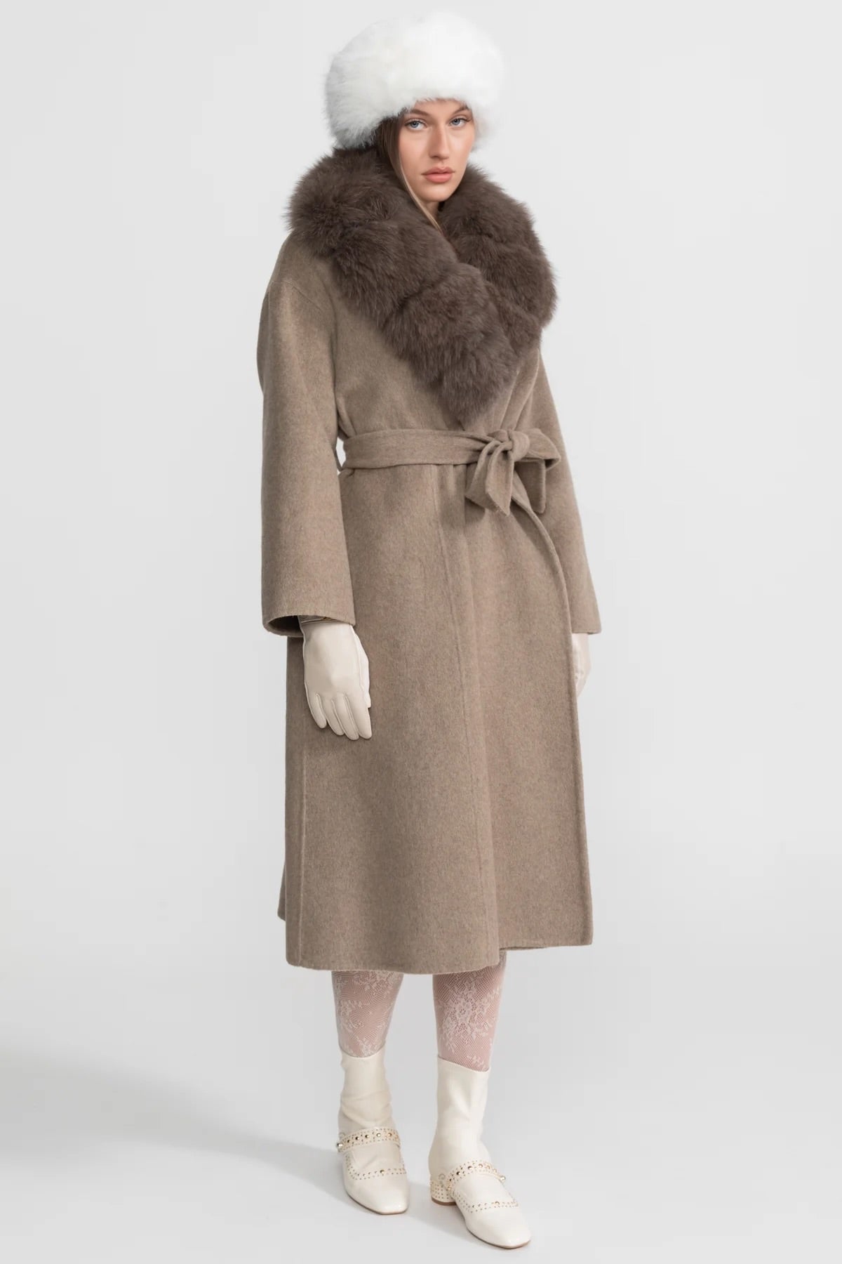 Women's Wool Wrap Coat | Fox Fur Collar | Tie Belt | Khaki Winter Coat | Luxury | Steven & Levon