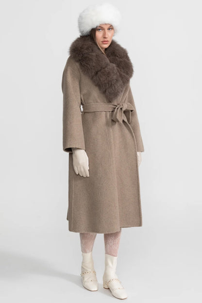Women's Wool Wrap Coat | Fox Fur Collar | Tie Belt | Khaki Winter Coat | Luxury | Steven & Levon
