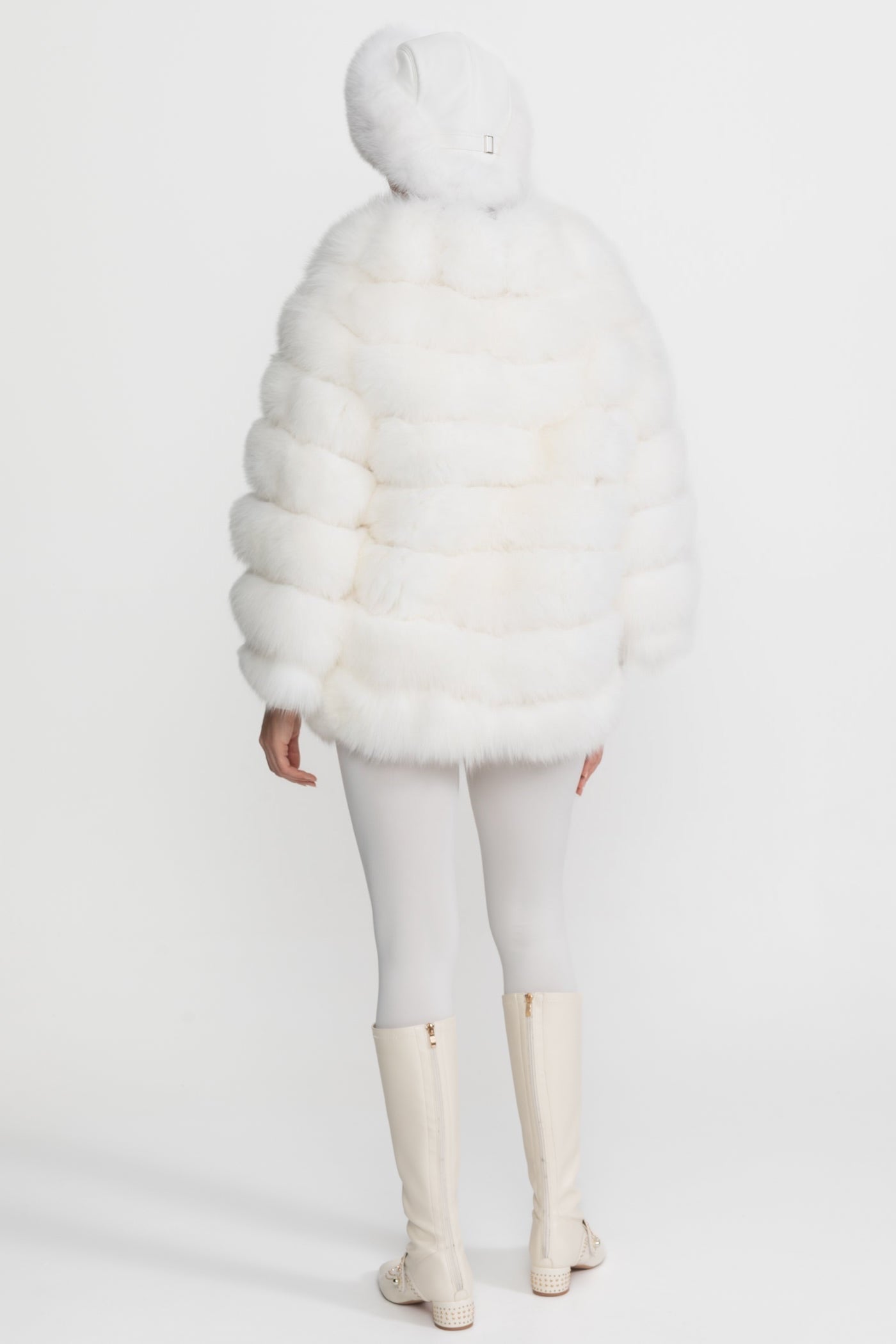 Tiered Fox Fur Jacket | Women's Luxury Fur Coat | Oversized Shawl Collar, White Statement Outerwear | Steven & Levon