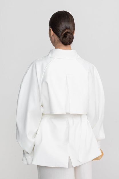Women's Belted Trench Jacket | Polyester | Oversized Patch Pockets, Utility Style White Outerwear | Steven & Levon