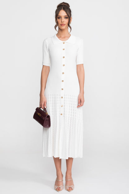 Ribbed Knit Midi Dress | Women | Peter Pan Collar | Pleated Skirt | White | Steven & Levon