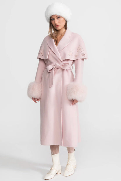 Wool Coat | Women | Fox Fur Cuffs | Cape Overlay | Embellished | Pink | Steven & Levon`