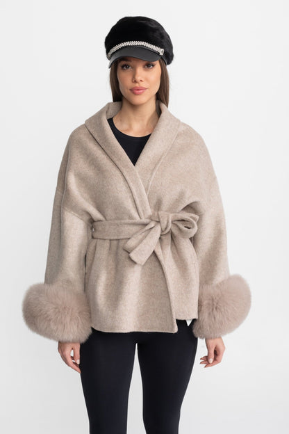 Women's Wool Blend Wrap Jacket | Fox Fur Cuffs | Belted Beige Coat | Steven & Levon