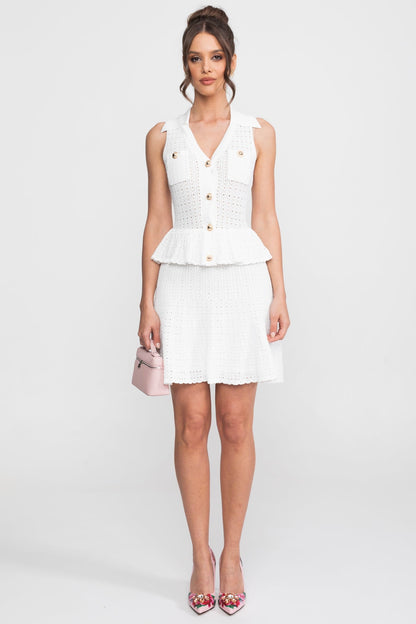 Open Knit Cardigan & Mini Skirt Co-Ord Set | Women | Peplum | White | Steven & Levon