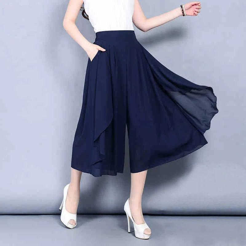 Elysia Capri Pants for Women | High Waist | Wide Leg Chiffon Crop Pants | Steven & Levon