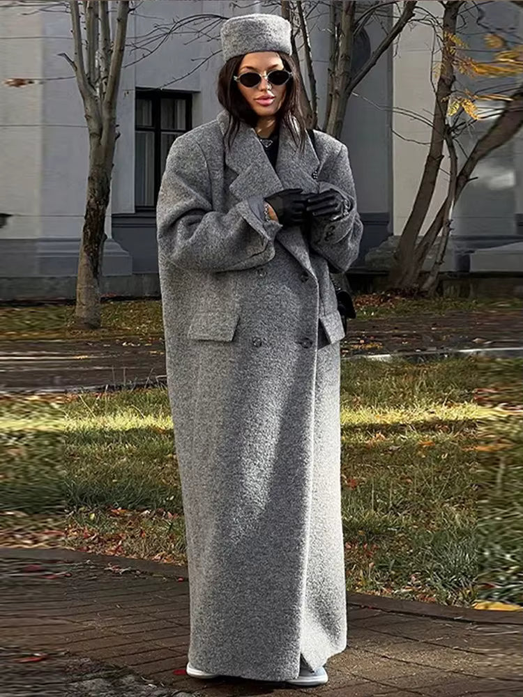 Women's Long Wool Coat | V-Neck | Wide Shoulder | Long Sleeve | Elegant Winter Outerwear | Steven & Levon