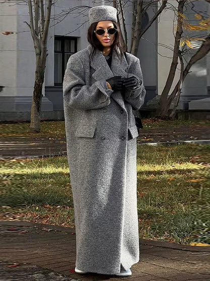 Women's Long Wool Coat | V-Neck | Wide Shoulder | Long Sleeve | Elegant Winter Outerwear | Steven & Levon