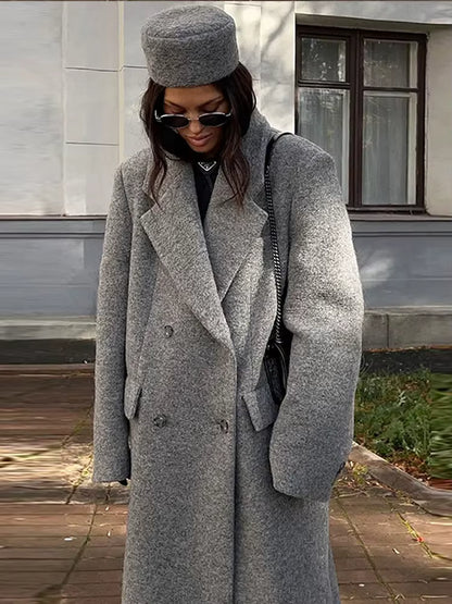 Women's Long Wool Coat | V-Neck | Wide Shoulder | Long Sleeve | Elegant Winter Outerwear | Steven & Levon