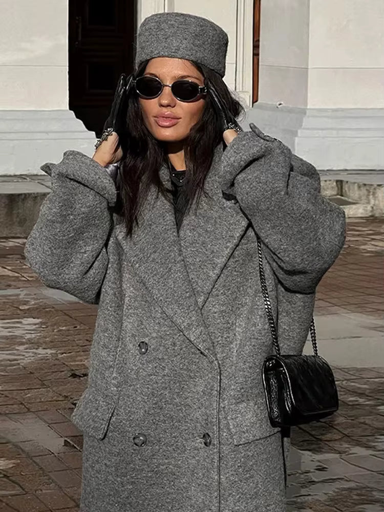 Women's Long Wool Coat | V-Neck | Wide Shoulder | Long Sleeve | Elegant Winter Outerwear | Steven & Levon