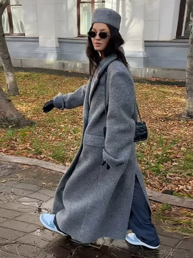 Women's Long Wool Coat | V-Neck | Wide Shoulder | Long Sleeve | Elegant Winter Outerwear | Steven & Levon