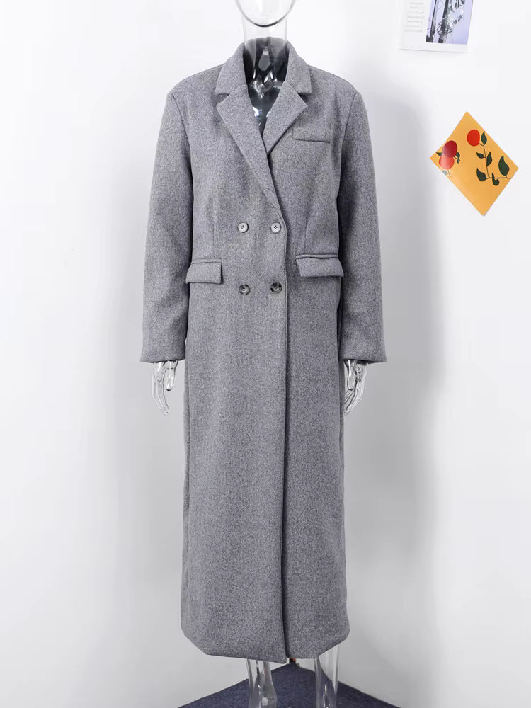 Women's Long Wool Coat | V-Neck | Wide Shoulder | Long Sleeve | Elegant Winter Outerwear | Steven & Levon