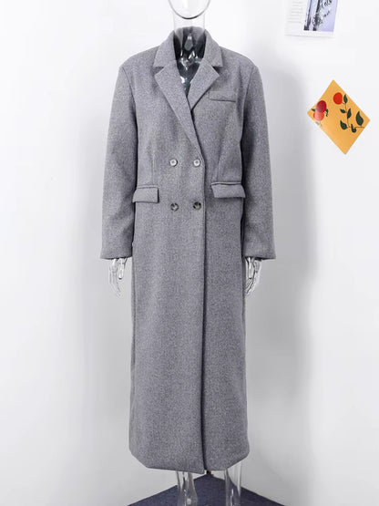 Women's Long Wool Coat | V-Neck | Wide Shoulder | Long Sleeve | Elegant Winter Outerwear | Steven & Levon