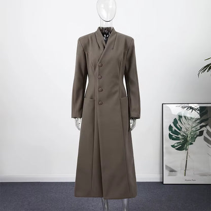 Women's Long Wool Coat | V-Neck | Wide Shoulder | Long Sleeve | Elegant Winter Outerwear | Steven & Levon