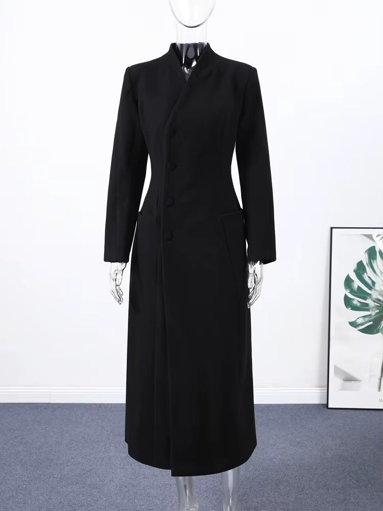 Women's Long Wool Coat | V-Neck | Wide Shoulder | Long Sleeve | Elegant Winter Outerwear | Steven & Levon