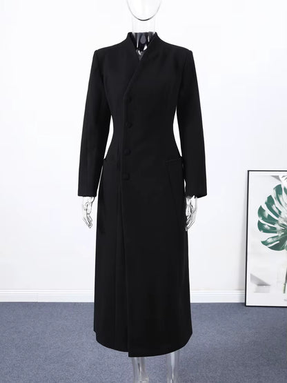 Women's Long Wool Coat | V-Neck | Wide Shoulder | Long Sleeve | Elegant Winter Outerwear | Steven & Levon