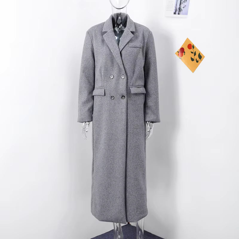 Women's Long Wool Coat | V-Neck | Wide Shoulder | Long Sleeve | Elegant Winter Outerwear | Steven & Levon