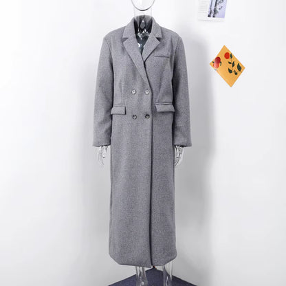 Women's Long Wool Coat | V-Neck | Wide Shoulder | Long Sleeve | Elegant Winter Outerwear | Steven & Levon