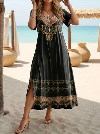 Maxi Dress | Women's Floral V-Neck Short Sleeve Side Split Dress | Steven & Levon