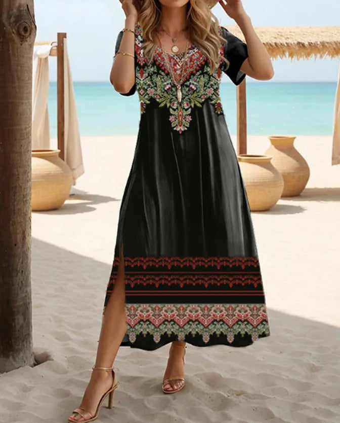 Maxi Dress | Women's Floral V-Neck Short Sleeve Side Split Dress | Steven & Levon