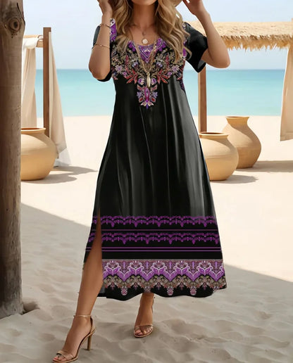 Maxi Dress | Women's Floral V-Neck Short Sleeve Side Split Dress | Steven & Levon