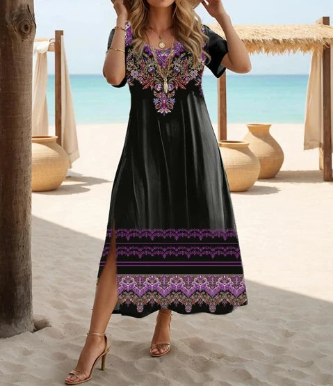 Maxi Dress | Women's Floral V-Neck Short Sleeve Side Split Dress | Steven & Levon