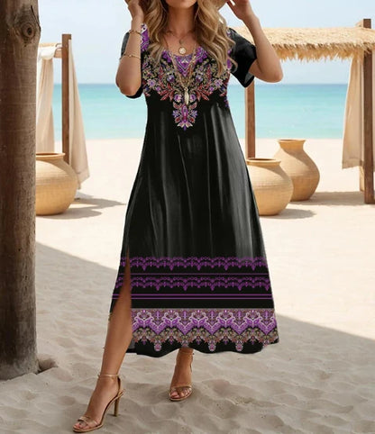 Maxi Dress | Women's Floral V-Neck Short Sleeve Side Split Dress | Steven & Levon