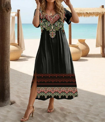 Maxi Dress | Women's Floral V-Neck Short Sleeve Side Split Dress | Steven & Levon