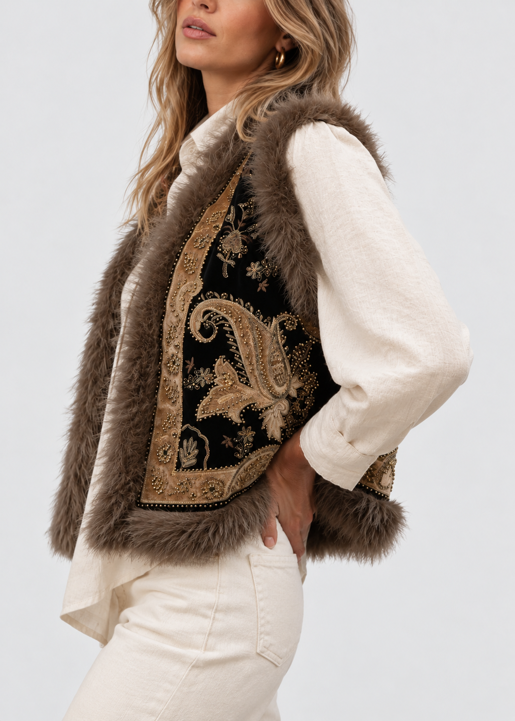 Women's Embroidered Waistcoat | Faux Fur Trim | Vintage Style | Steven & Levon