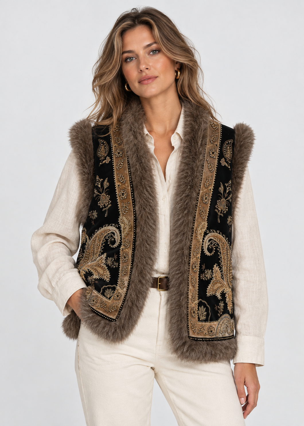 Women's Embroidered Waistcoat | Faux Fur Trim | Vintage Style | Steven & Levon