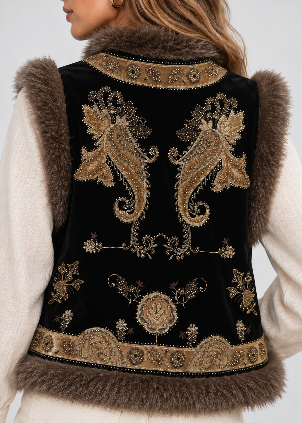 Women's Embroidered Waistcoat | Faux Fur Trim | Vintage Style | Steven & Levon