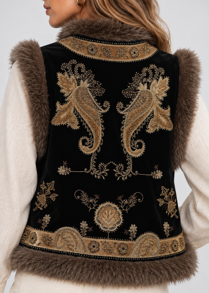 Women's Embroidered Waistcoat | Faux Fur Trim | Vintage Style | Steven & Levon