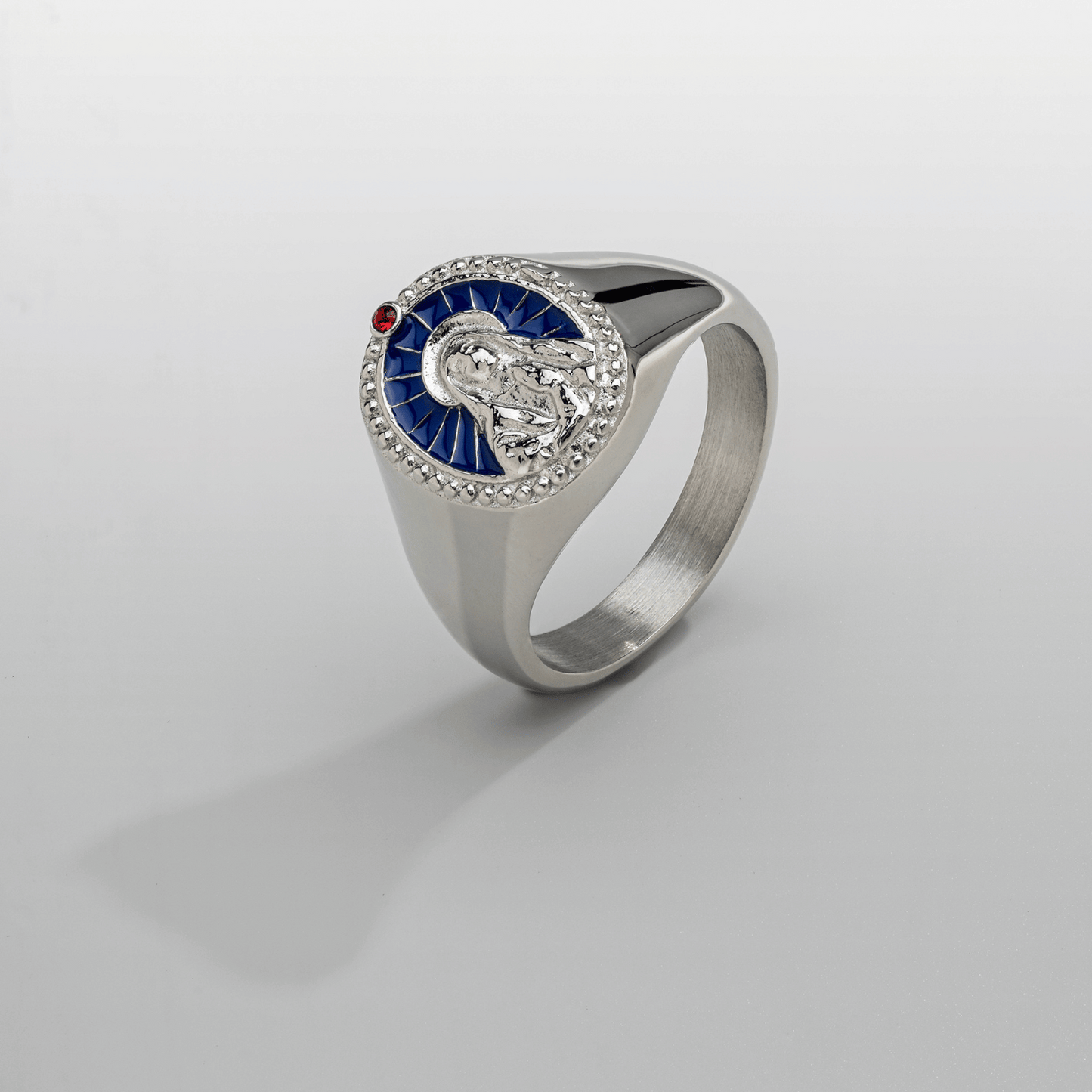 Virgin Mary Ring | Gold or Silver | Unisex | Stainless Steel | Blue Enamel | Signet | Steven & Levon