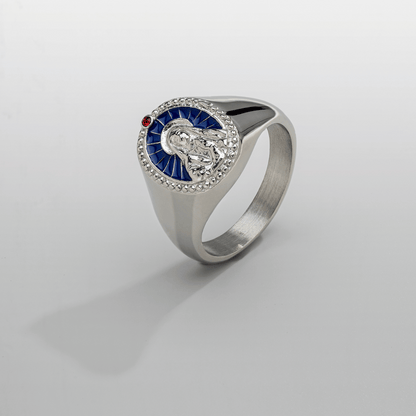 Virgin Mary Ring | Gold or Silver | Unisex | Stainless Steel | Blue Enamel | Signet | Steven & Levon