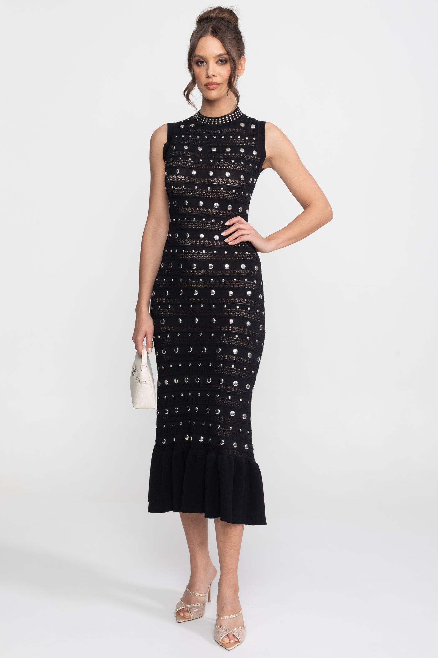 Embellished Knit Midi Dress | Women's High Neck Dress | Crystal Trim | Black | Steven & Levon