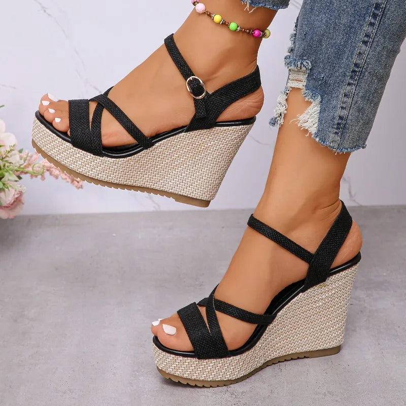 Women's Platform Wedge Sandals | Open Toe Buckle Ankle Strap | Espadrille Heel | Steven & Levon
