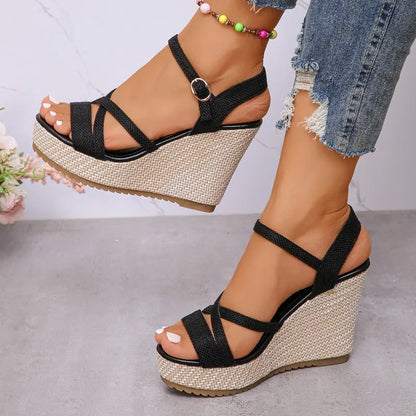 Women's Platform Wedge Sandals | Open Toe Buckle Ankle Strap | Espadrille Heel | Steven & Levon
