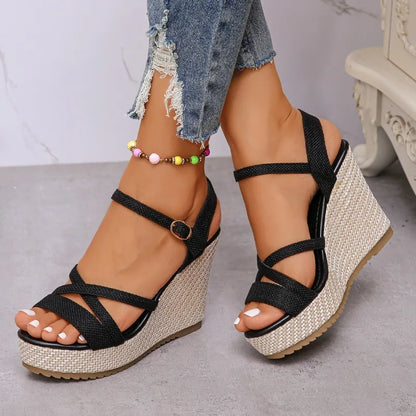 Women's Platform Wedge Sandals | Open Toe Buckle Ankle Strap | Espadrille Heel | Steven & Levon