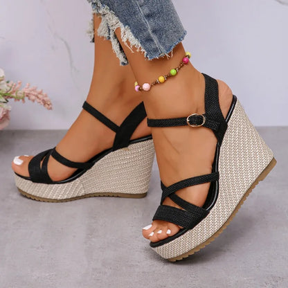 Women's Platform Wedge Sandals | Open Toe Buckle Ankle Strap | Espadrille Heel | Steven & Levon