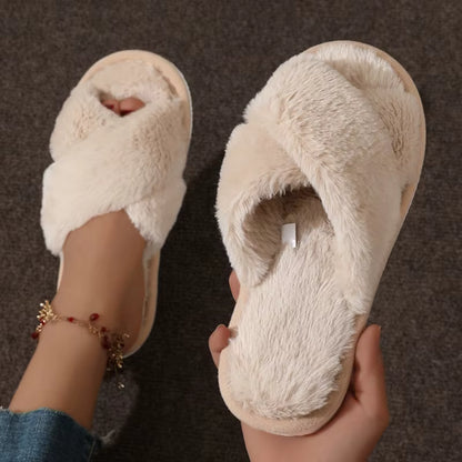 Fluffy Slippers | Plush Cross Band | Open Toe | Anti-Skid | Indoor Outdoor | Steven & Levon