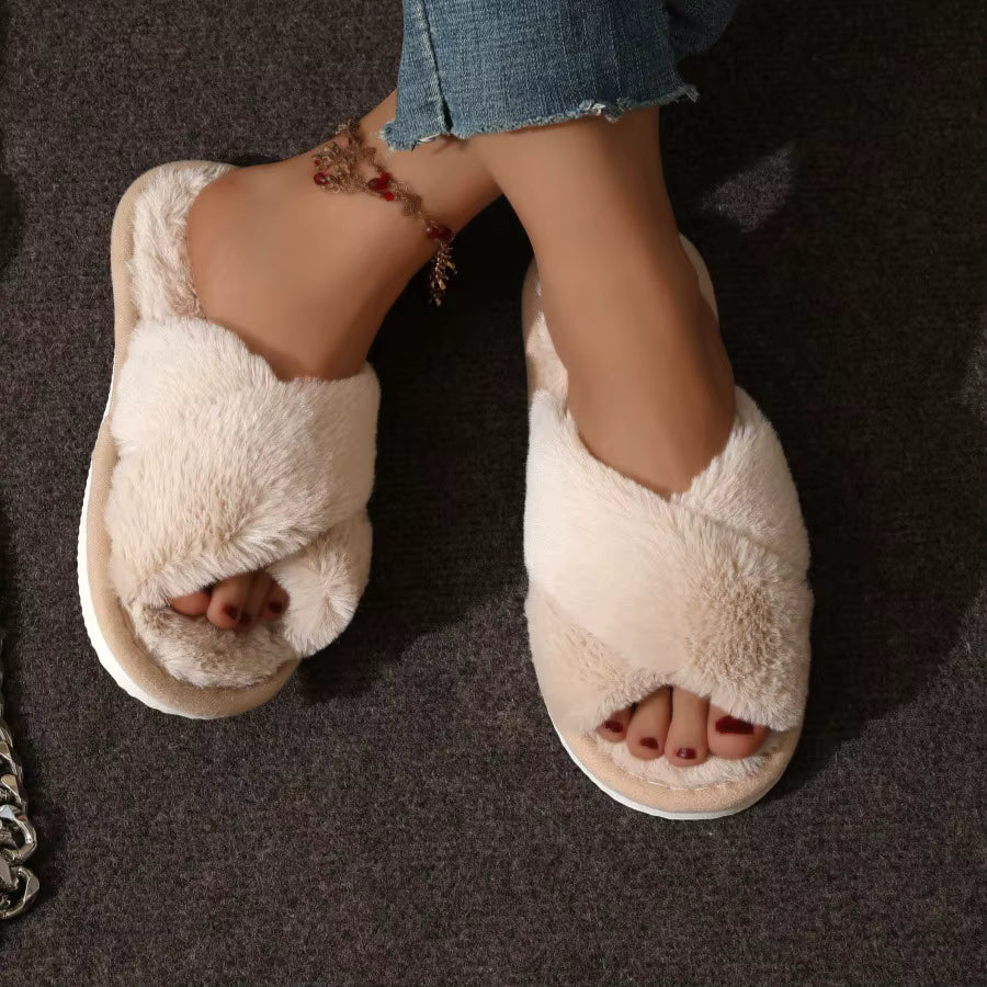 Fluffy Slippers | Plush Cross Band | Open Toe | Anti-Skid | Indoor Outdoor | Steven & Levon