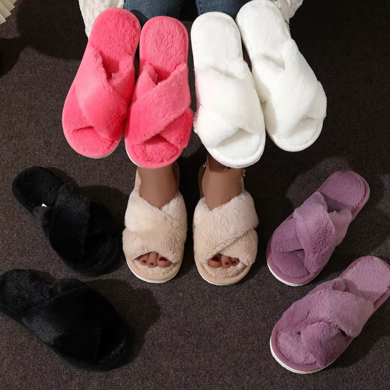 Fluffy Slippers | Plush Cross Band | Open Toe | Anti-Skid | Indoor Outdoor | Steven & Levon