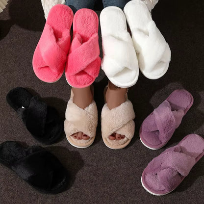 Fluffy Slippers | Plush Cross Band | Open Toe | Anti-Skid | Indoor Outdoor | Steven & Levon