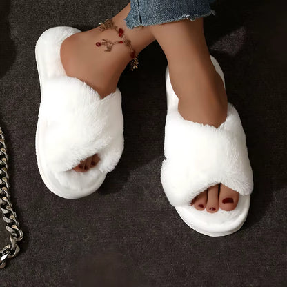 Fluffy Slippers | Plush Cross Band | Open Toe | Anti-Skid | Indoor Outdoor | Steven & Levon