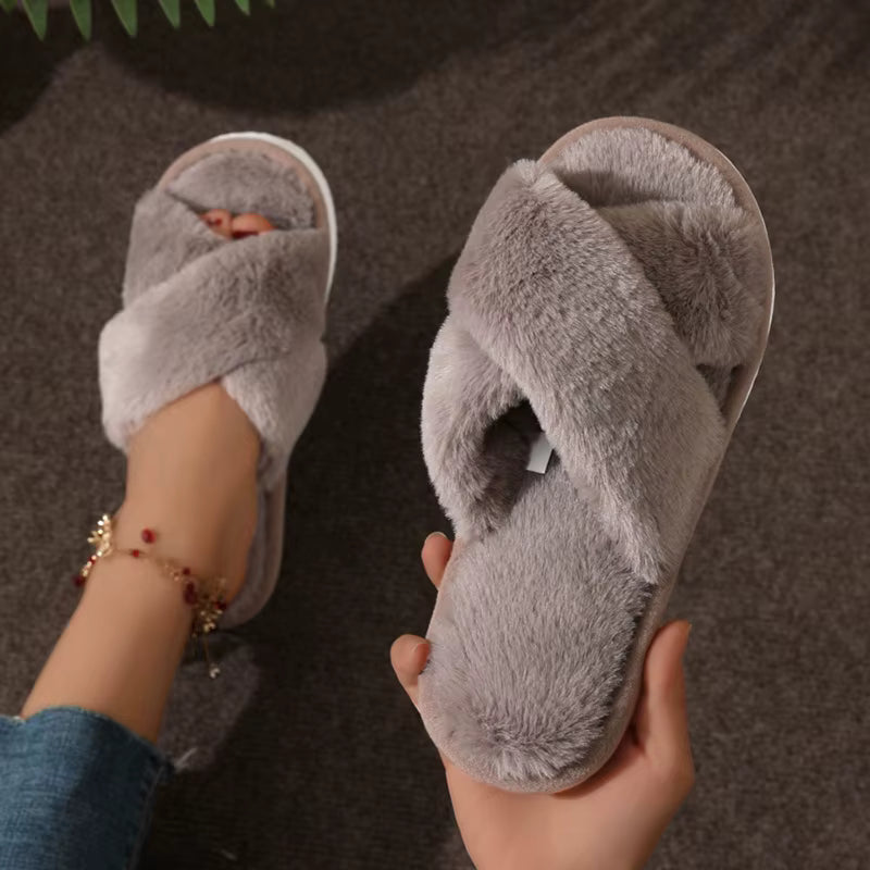 Fluffy Slippers | Plush Cross Band | Open Toe | Anti-Skid | Indoor Outdoor | Steven & Levon