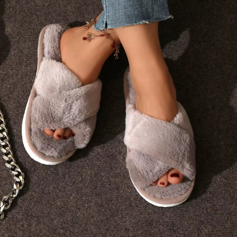 Fluffy Slippers | Plush Cross Band | Open Toe | Anti-Skid | Indoor Outdoor | Steven & Levon