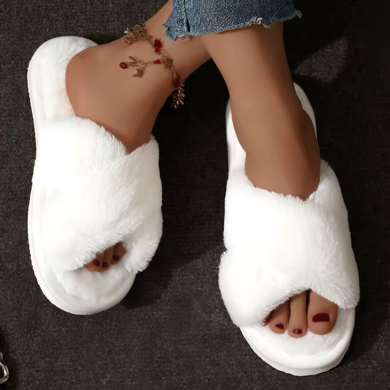 Fluffy Slippers | Plush Cross Band | Open Toe | Anti-Skid | Indoor Outdoor | Steven & Levon