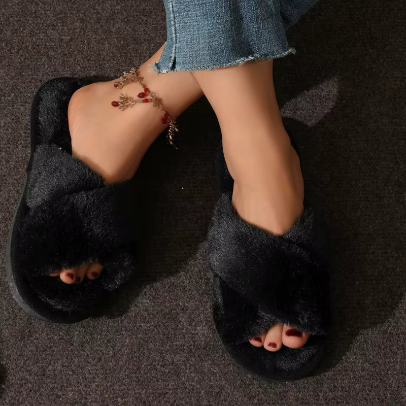 Fluffy Slippers | Plush Cross Band | Open Toe | Anti-Skid | Indoor Outdoor | Steven & Levon